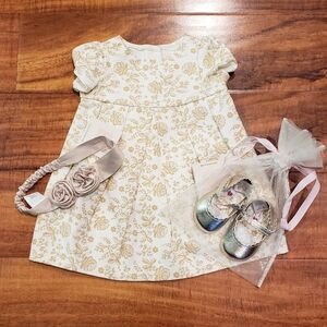 Janie and Jack NWT 0-3 month ivory/gold floral ponte dress, gold shoes, headband
